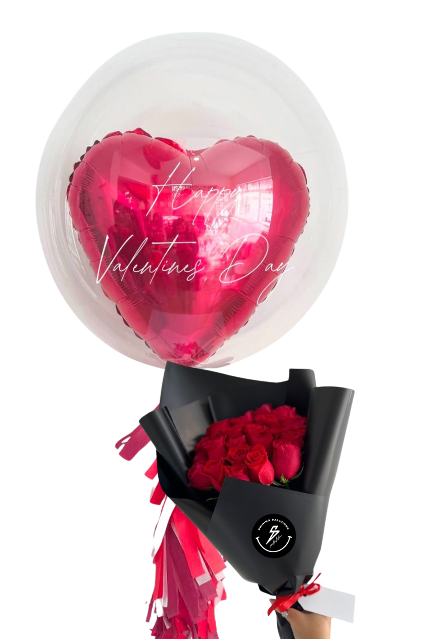 Burbuja gigante 'HAPPYVALENTINESDAY' + ramo 12 rosas