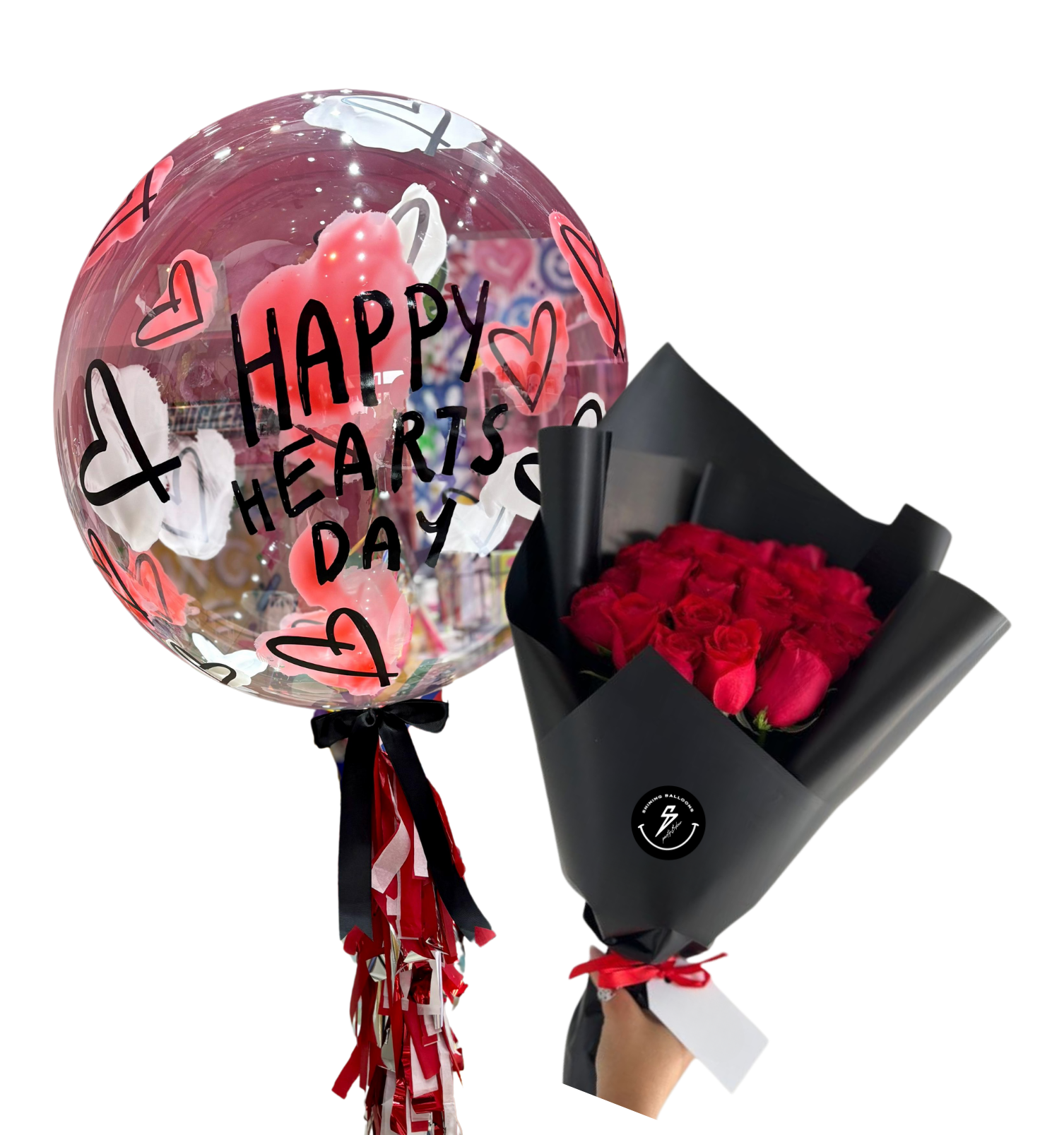 Burbuja gigante 'HAPPYHEARTSDAY' + ramo de 12 rosas