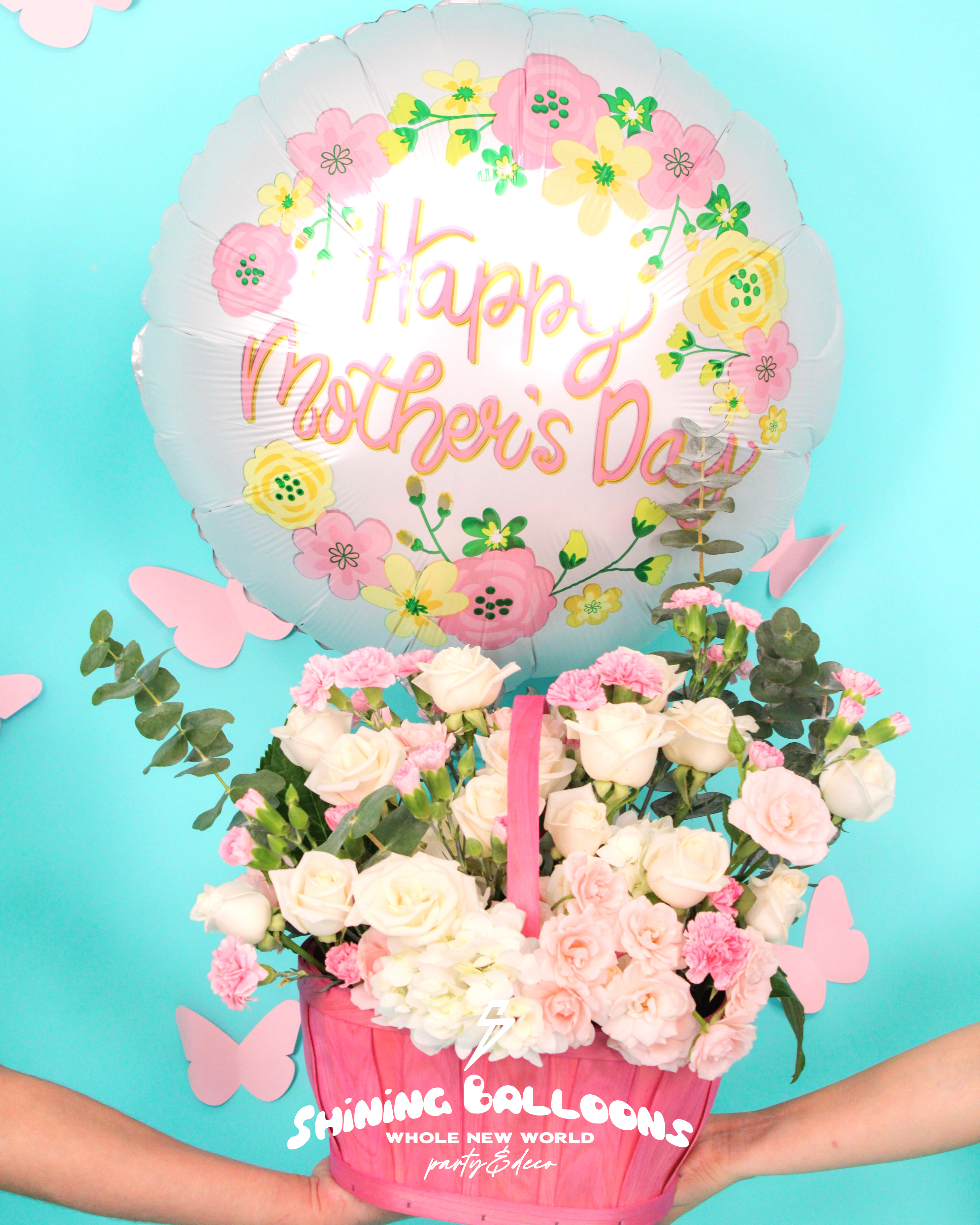 Canasta de flores + Globo foil 22" HAPPY MOTHER'S DAY