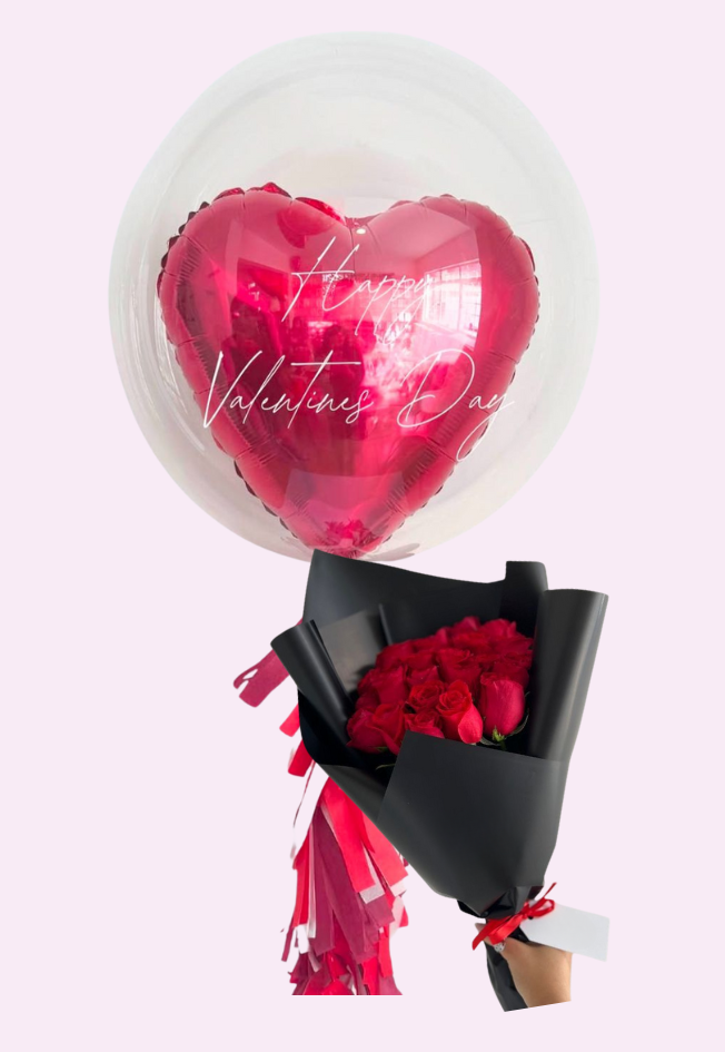 Burbuja gigante 'HAPPYVALENTINESDAY' + ramo 12 rosas