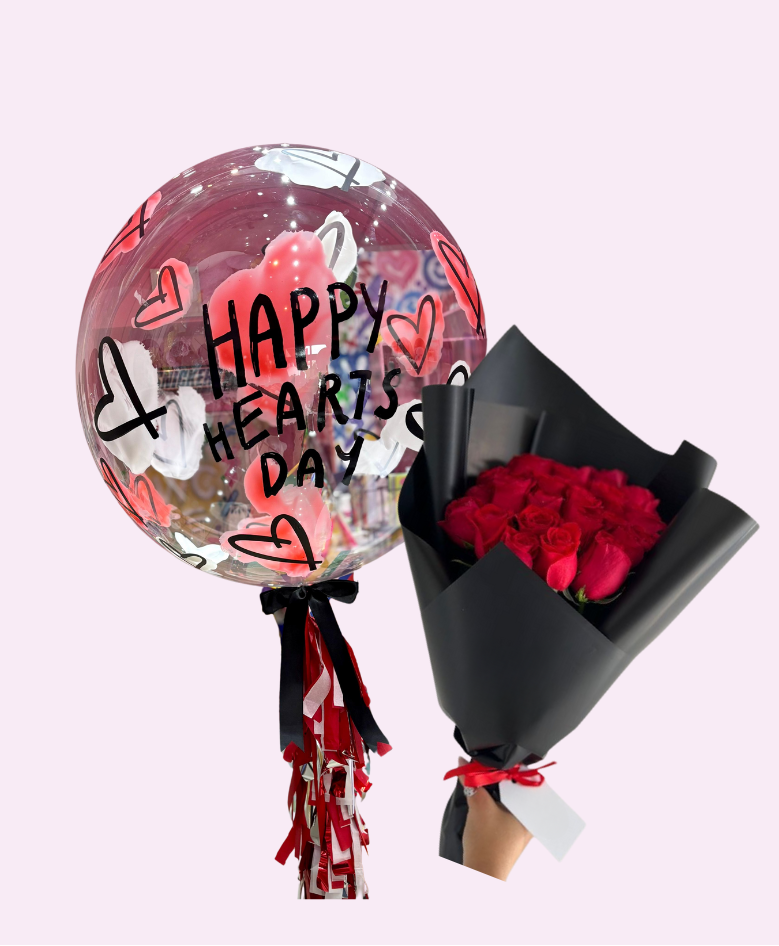 Burbuja gigante 'HAPPYHEARTSDAY' + ramo de 12 rosas