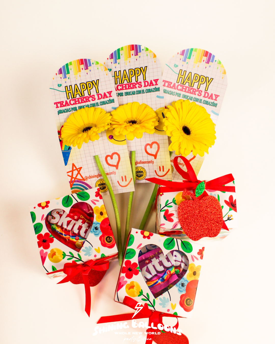 Paquete de 3 gerberas y 3 cajas de dulces para MAESTROS :)