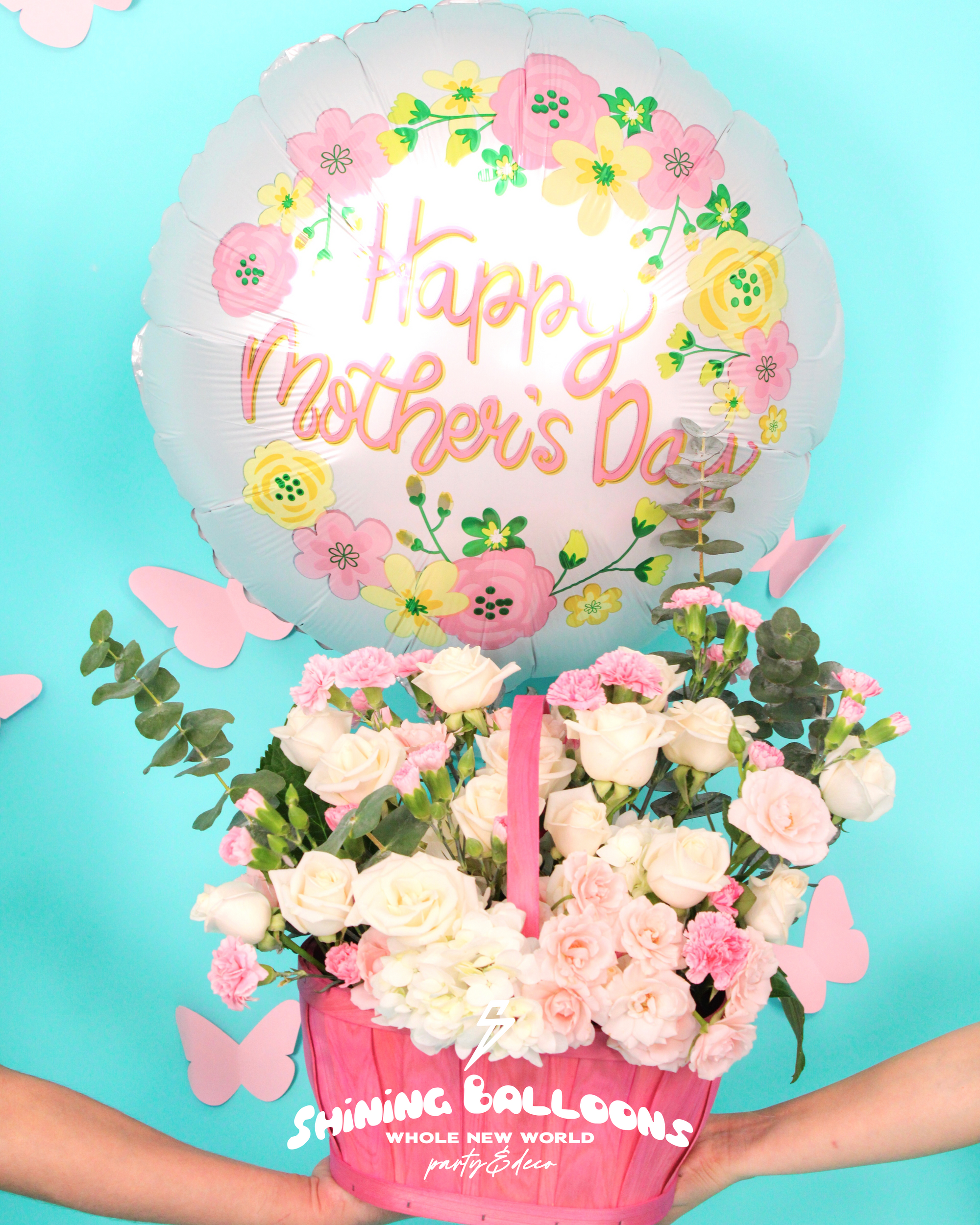 Canasta de flores + Globo foil 22" HAPPY MOTHER'S DAY